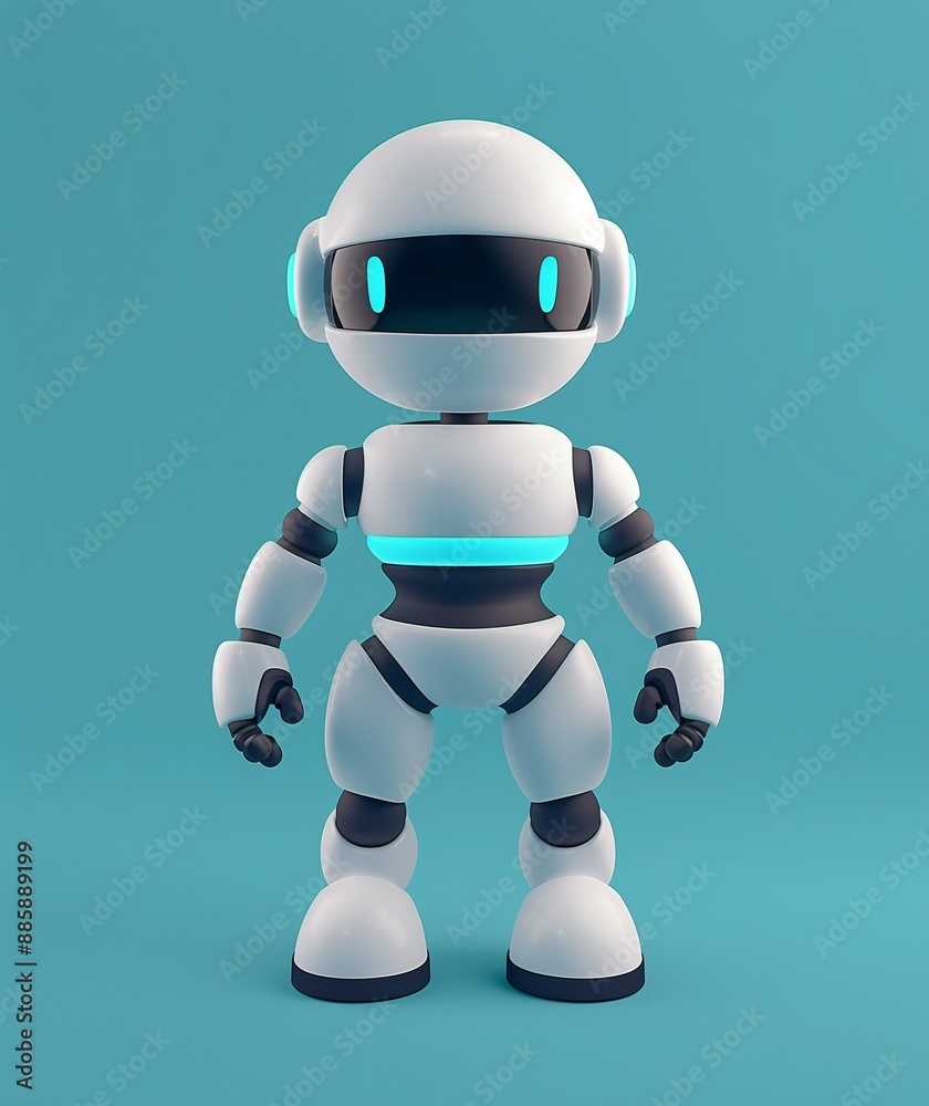 Fototapeta premium Cute Futuristic Robot Standing on Blue Background - 3D Illustration of Advanced Robot Technology