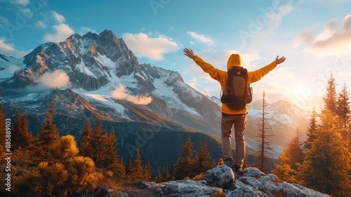 happy hikers open their arms wide, fully immersed in the exhilarating exploration of the mountains, embracing the vastness of nature with joyous hearts.