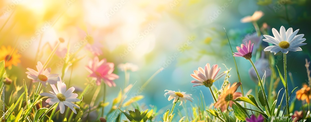 Sunny Spring Meadow with Colorful Daisies Sunny Spring Meadow with Colorful Daisies