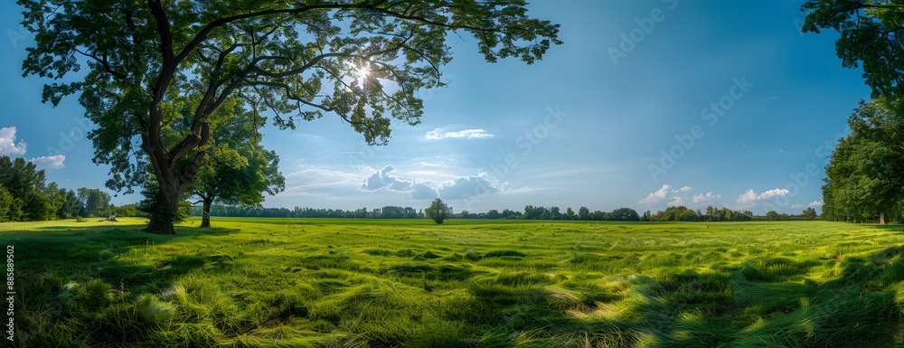 Fototapeta premium Summer Meadow Landscape with Trees and Blue Sky