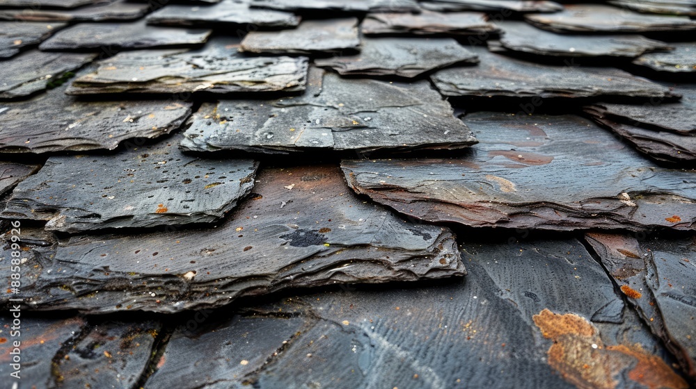 The roof is made of stone tiles and has a rustic appearance. The tiles are arranged in a way that creates a sense of depth and texture. Scene is one of ruggedness and durability The roof is made of stone tiles and has a rustic appearance. The tiles are arranged in a way that creates a sense of depth and texture. Scene is one of ruggedness and durability