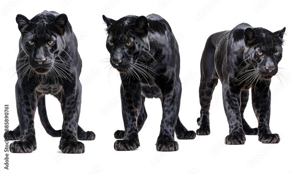 Fototapeta premium Three black panthers standing in a row