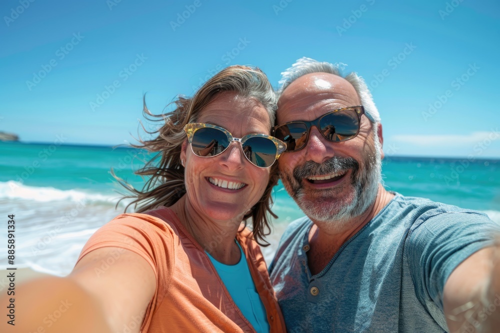 Obraz premium A happy middle-aged couple standing on the beach