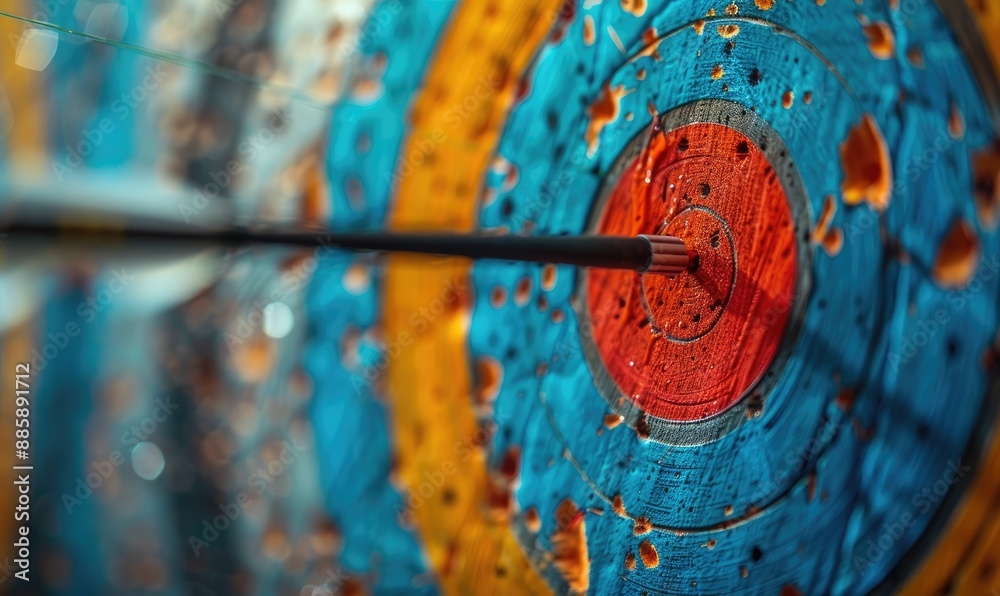 A red arrow is shot through a blue and yellow target A red arrow is shot through a blue and yellow target