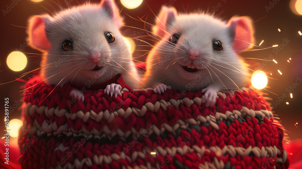 two cute hamsters wearing knitted close in a basket happily, Christmas background