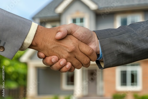 Close-up of hands shaking between two real estate businessmen, highlighting the successful conclusion of a property deal