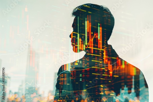 Double exposure of a businessman and a fluctuating stock graph, leaving room for copy space. The image suggests economic analysis and strategic planning.
