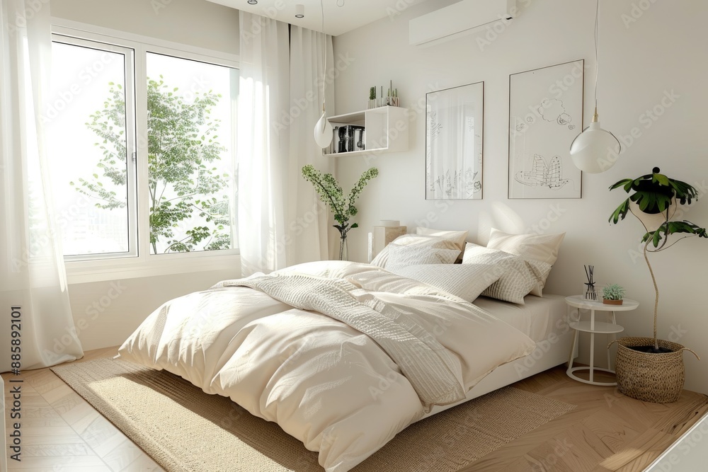 Fototapeta premium Cozy white bedroom with minimal design, soft bedding, and natural light