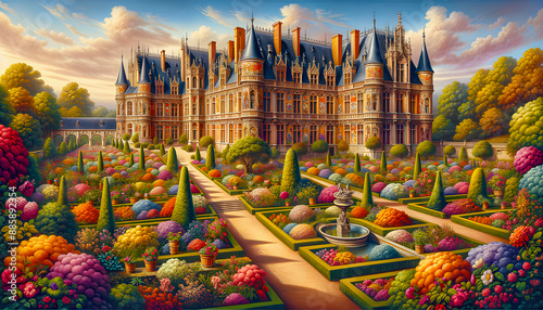 A royal estate mansion castle features grandiose gardens with manicured lawns, elegant fountains, and vibrant flowerbeds, creating an opulent and serene setting of historical splendor and natural beau