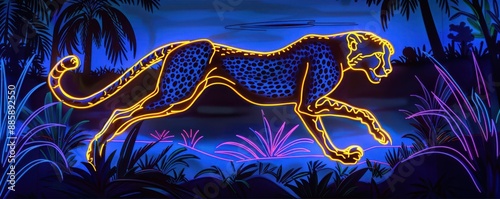 A fullbody neon outline of a cheetah sprinting through a lifelike jungle landscape photo