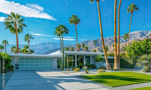 A house with a white garage door sits in front of a lush green lawn