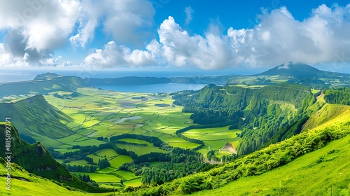 Panoramic View of a Lush Green Island with a Lake and Mountains