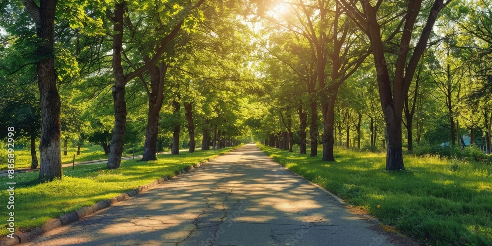 Naklejka premium A long road with trees on both sides