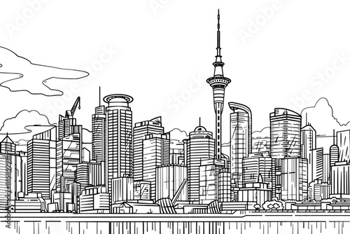 Modern city skyline with tall tower and skyscrapers