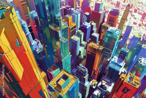 Futuristic city with vibrant colors and towering skyscrapers photo