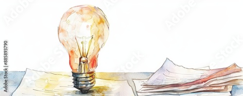 A watercolor scene of a lightbulb on a documentfilled desk, all set against a white backdrop photo