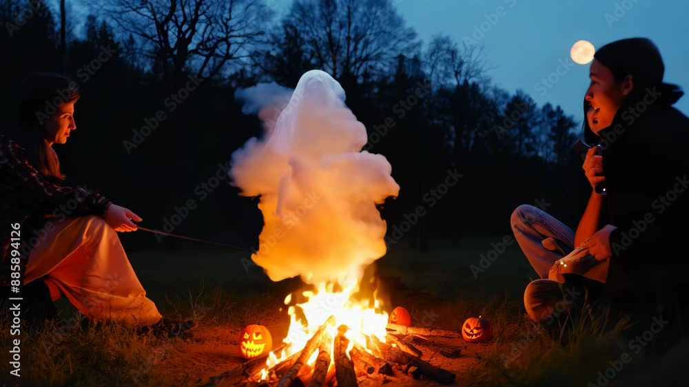 Campfire flickers in darkness. Jack-o'-lanterns glow nearby as friends gather. Smoke swirls mysteriously, forming ghostly shapes. Campfire flickers in darkness. Jack-o'-lanterns glow nearby as friends gather. Smoke swirls mysteriously, forming ghostly shapes.