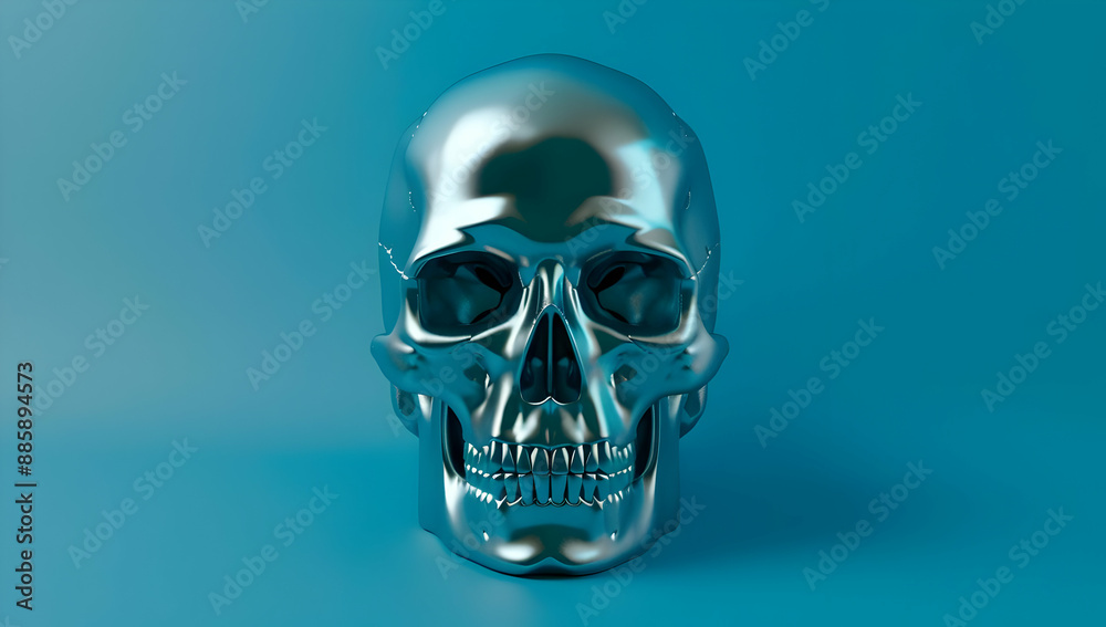 A shiny metallic skull on a blue background. Perfect for Halloween, medical themes, or artistic concepts. A shiny metallic skull on a blue background. Perfect for Halloween, medical themes, or artistic concepts.