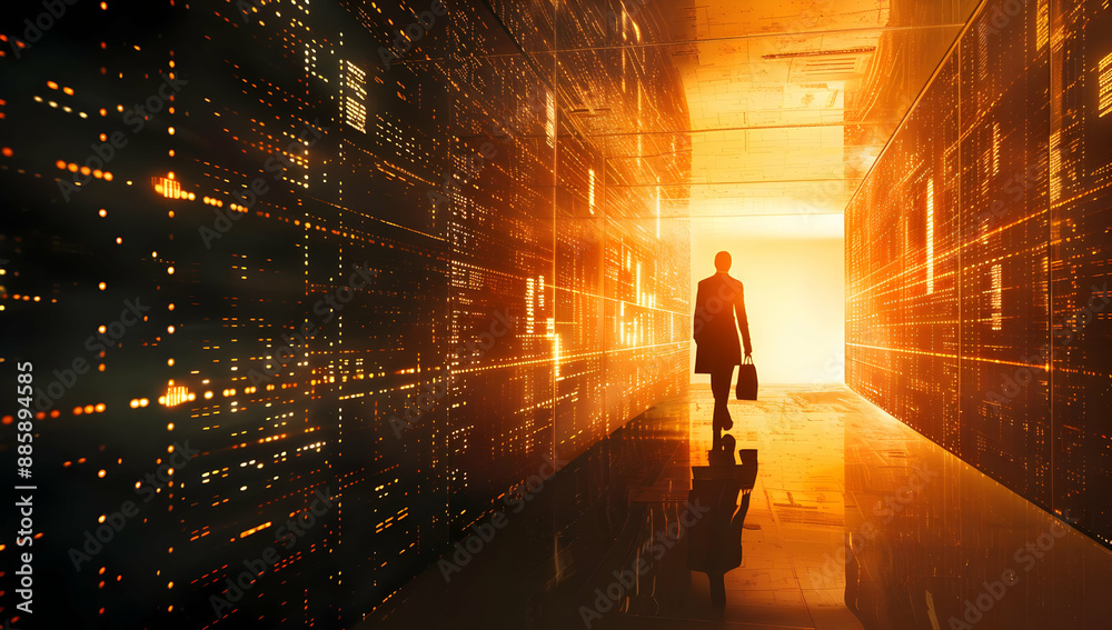 A silhouette of a businessperson walking through a futuristic corridor bathed in glowing orange light, symbolizing technology and innovation. A silhouette of a businessperson walking through a futuristic corridor bathed in glowing orange light, symbolizing technology and innovation.