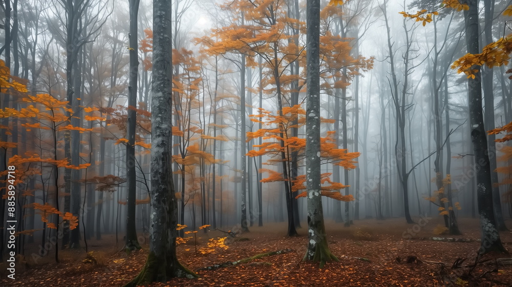 Obraz premium autumn in the forest with mist