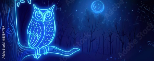 A fullbody neon outline of an owl sitting on a tree branch in a moonlit forest photo