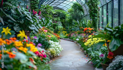 Beautiful greenhouse garden with vibrant flowers, lush greenery, and a serene walkway, perfect for nature and gardening enthusiasts.