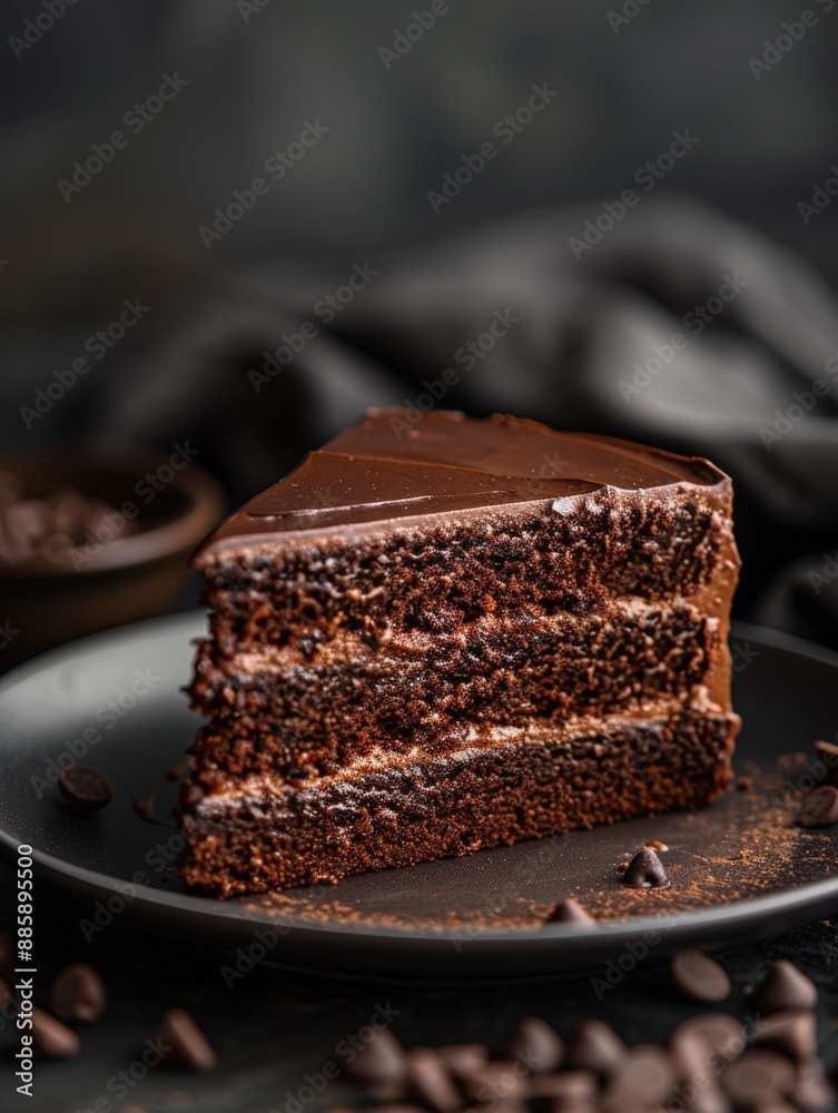 Delicious and rich slice of chocolate cake with layers of creamy frosting on a dark plate, with a blurred background. Delicious and rich slice of chocolate cake with layers of creamy frosting on a dark plate, with a blurred background.