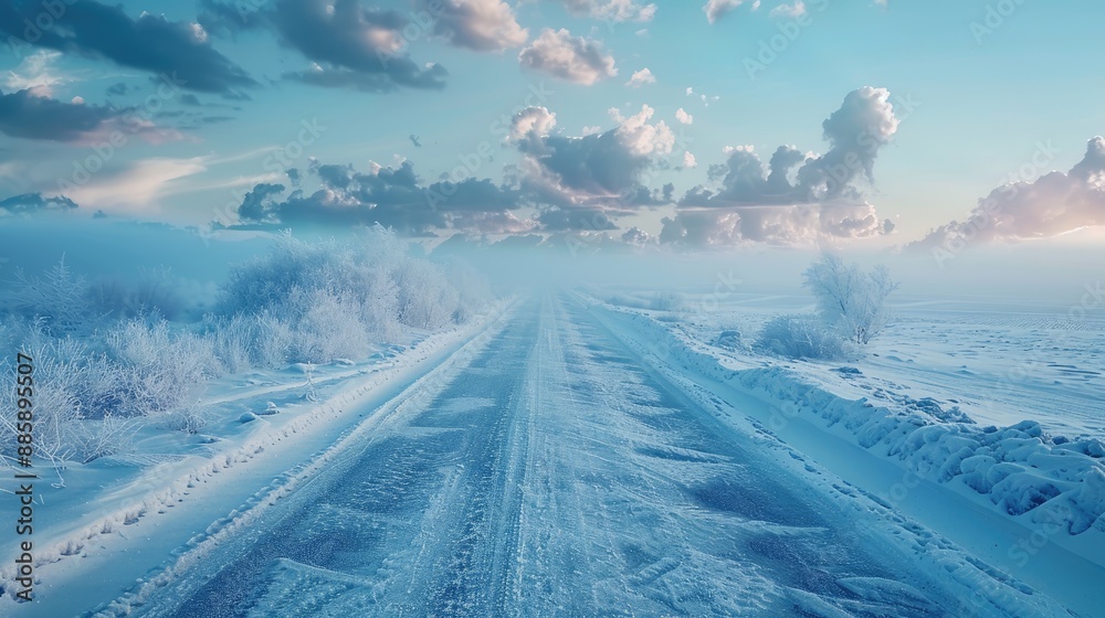A snowy road with a cloudy sky in the background. The sky is filled with clouds and the road is covered in snow A snowy road with a cloudy sky in the background. The sky is filled with clouds and the road is covered in snow