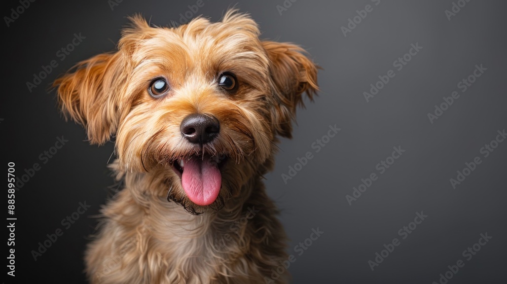 A studio shot of a cute dog with a shaggy coat, making a funny smiling face. The dog's tongue is slightly out, and its eyes are closed in a blissful expression. The simple background contrasts with A studio shot of a cute dog with a shaggy coat, making a funny smiling face. The dog's tongue is slightly out, and its eyes are closed in a blissful expression. The simple background contrasts with
