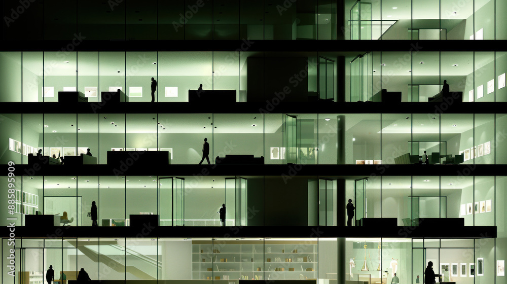A tall building with many windows and people walking around. Scene is busy and bustling A tall building with many windows and people walking around. Scene is busy and bustling