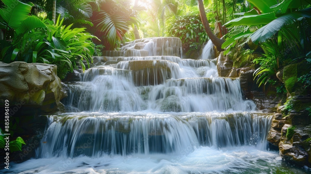 A waterfall with a lush green forest in the background. The water is flowing down the rocks and creating a peaceful atmosphere A waterfall with a lush green forest in the background. The water is flowing down the rocks and creating a peaceful atmosphere