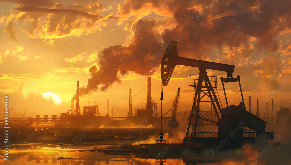 Dramatic sunset illuminating an industrial oil field with large machinery and factories, reflecting the importance of energy production. Dramatic sunset illuminating an industrial oil field with large machinery and factories, reflecting the importance of energy production.