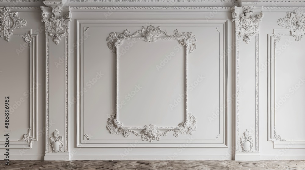 Obraz premium Elegant white wall with ornate molding. Perfect for product photography or interior design projects.