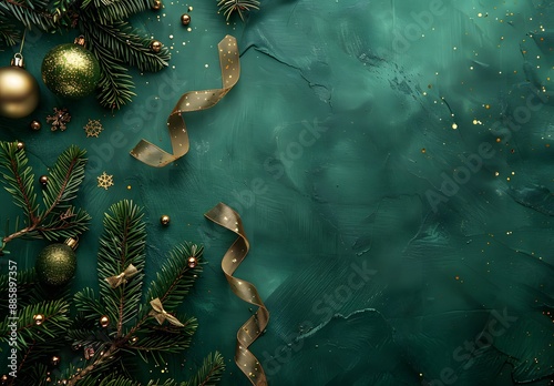 Christmas Green Background with Golden Decorations