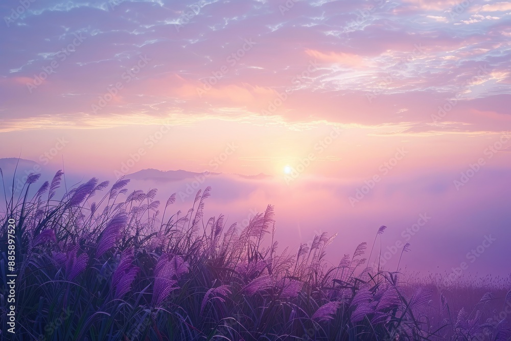 Sunrise over foggy field. Perfect for a nature, travel, or peaceful background.