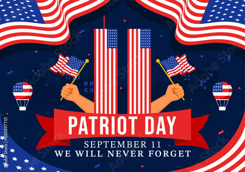 Happy USA Patriot Day Vector Illustration featuring the United States Flag, 9/11 Memorial, and We Will Never Forget Background in Flat Cartoon Style