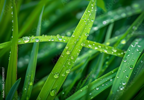 Dew Drops On Lush Green Grass Blades