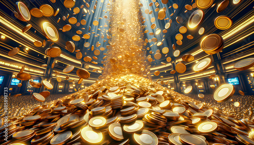 Gold coins cascade from the sky, creating a dazzling fortune that feels like hitting the jackpot, with shimmering wealth and endless opportunities raining down in a spectacular display.

