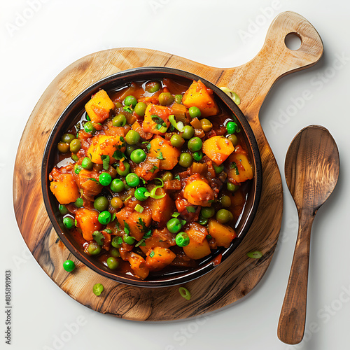 Board and plate of tasty Aloo Matar with on white background photo