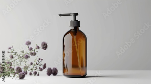 Amber glass pump bottle with plants. Perfect for showcasing your liquid product.