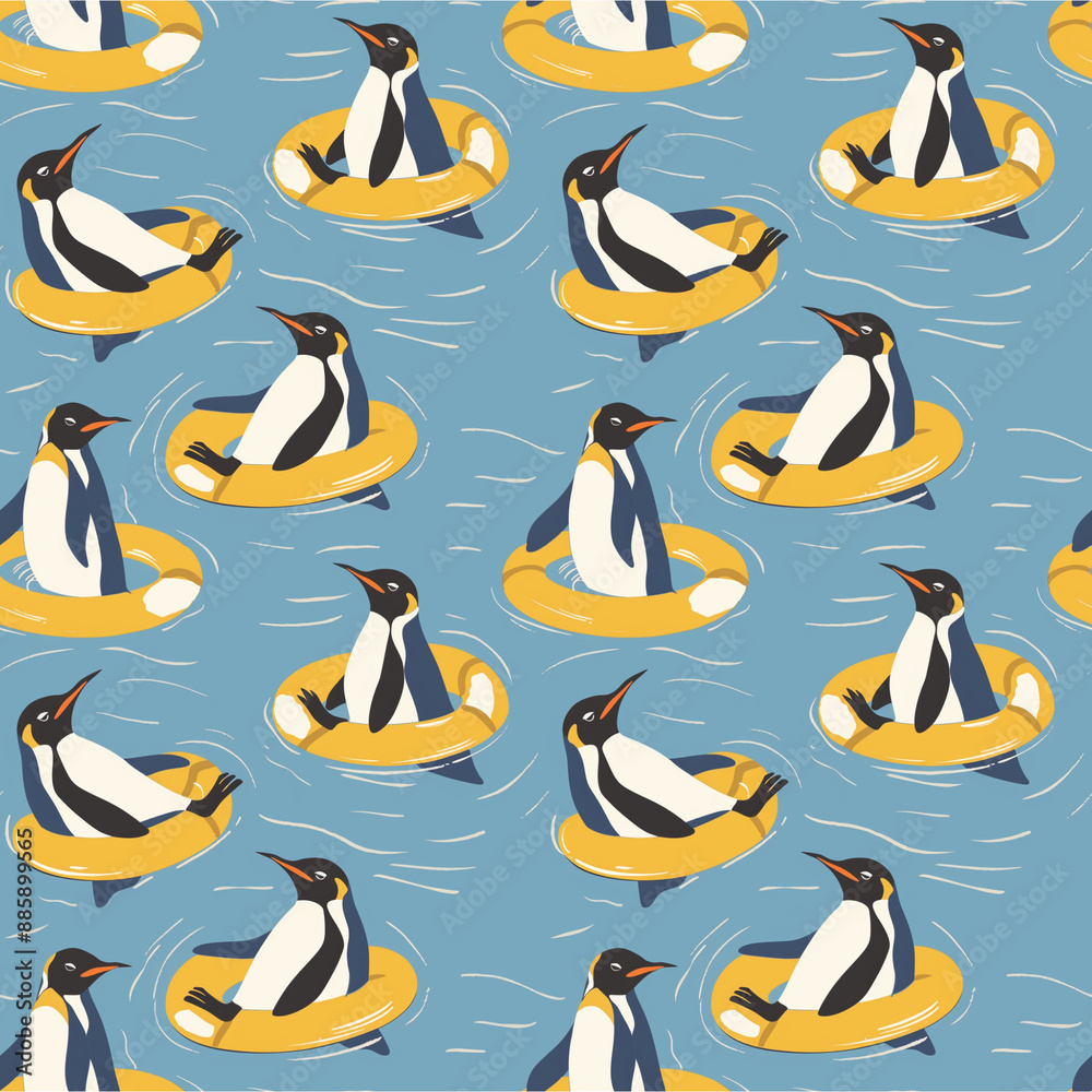 Obraz premium Pattern illustration of penguins enjoying water play using floats.