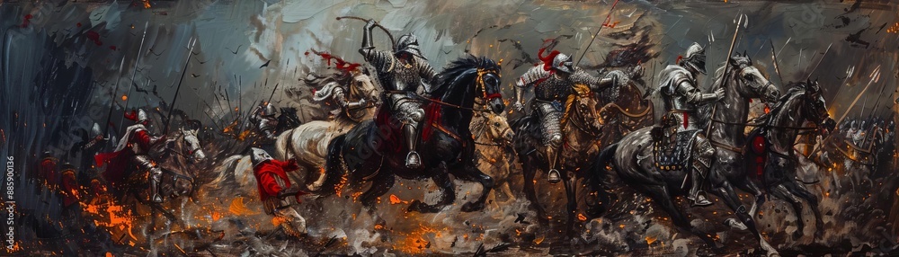 Medieval knights in armor engaged in an intense and dynamic battle, with horses amidst chaos and flames in the background. Medieval knights in armor engaged in an intense and dynamic battle, with horses amidst chaos and flames in the background.