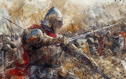 Epic medieval battle scene with armored knights in action, showcasing intense combat and historical warfare in a chaotic battlefield.