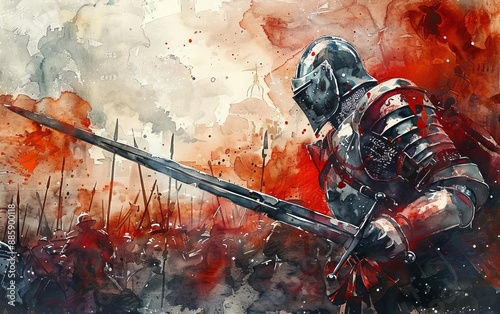 Dynamic watercolor painting of a medieval knight in armor holding a lance, amid a chaotic battlefield filled with smoke and fire.