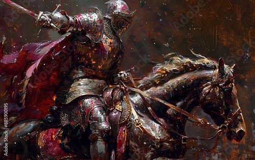 A valiant knight in armor, wielding a sword while riding a gallant horse, painted in vivid and dramatic style.