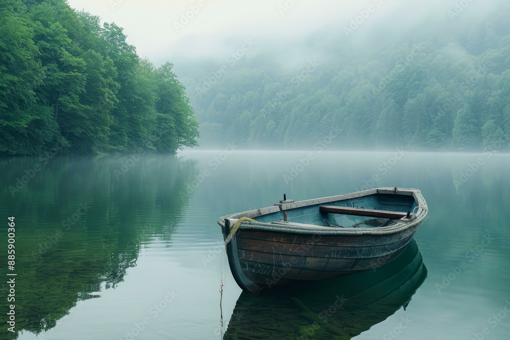 Wooden rowboat rests on a misty lake surrounded by a green forest in the early morning Wooden rowboat rests on a misty lake surrounded by a green forest in the early morning
