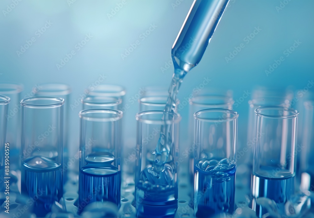 Blue Liquid Pouring into Test Tubes in Laboratory Blue Liquid Pouring into Test Tubes in Laboratory
