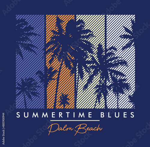 Tropical palm trees silhouette illustration on striped background. Art for printing on t-shirts, decoration, etc.