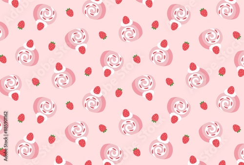 seamless pattern with strawberry swiss roll cakes for banners, cards, flyers, social media wallpapers, etc.