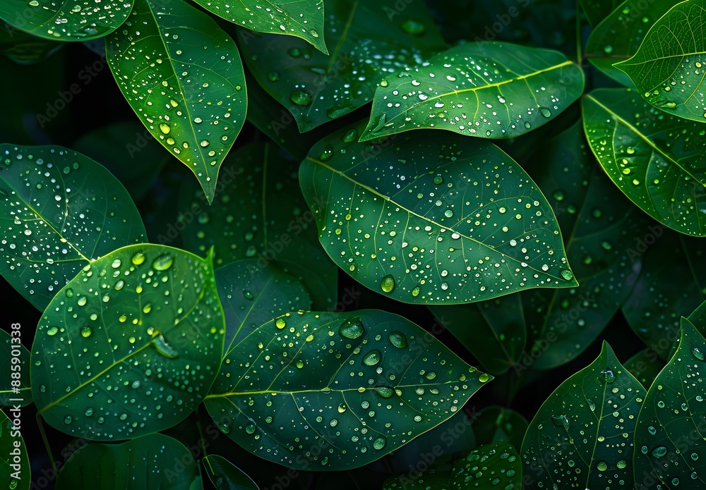 Fototapeta premium Lush Green Leaves with Dew Drops